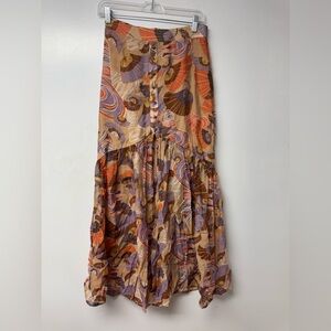 WESTE Abstract Boho Maxi Skirt Tiered Button Front Festival Small Cottagecore Y